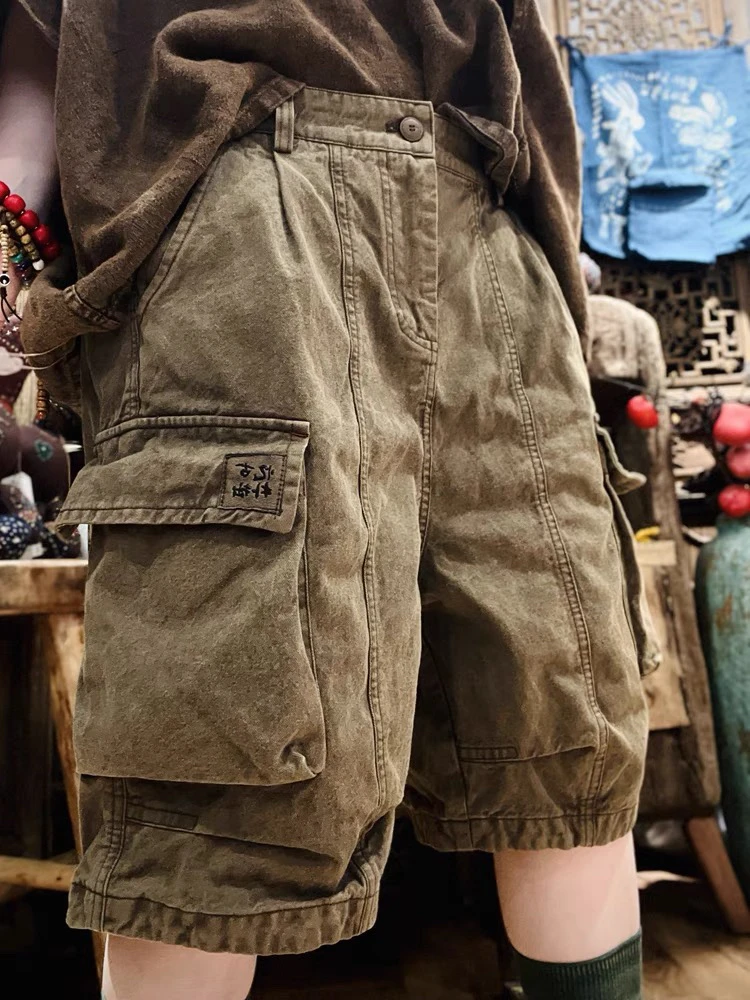 忆古朴柮 文艺显瘦工装风短裤色织亚麻休闲中裤 百搭