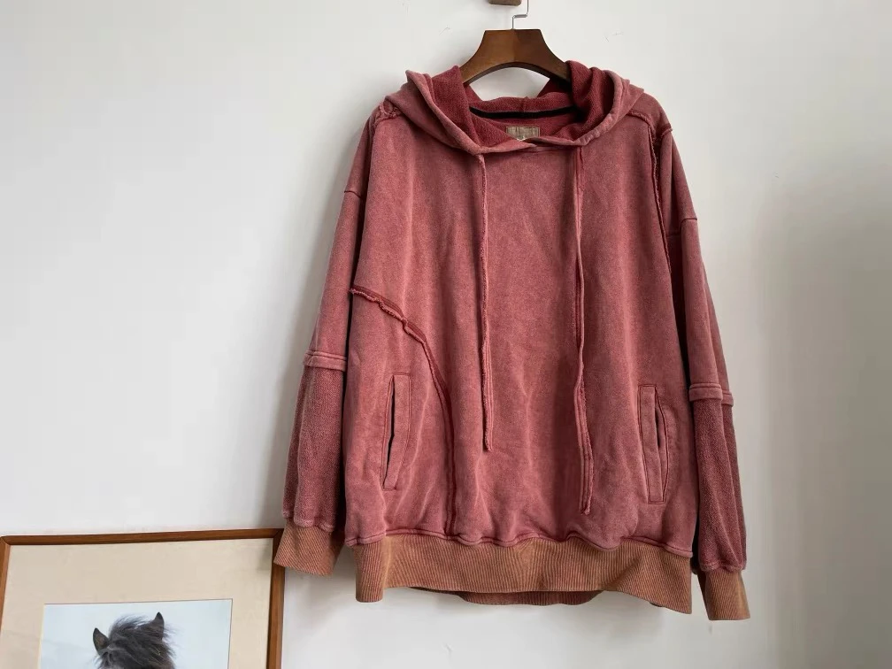 慢慢变蓝荼原创新款文艺复古做旧慵懒宽松大码植物染休闲连帽卫衣