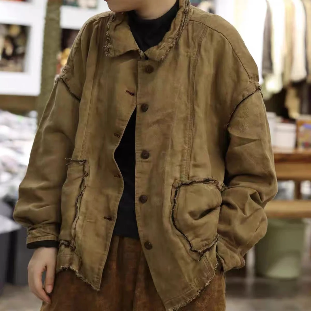沐布衣新款亚麻双层工装毛边外套时尚百搭