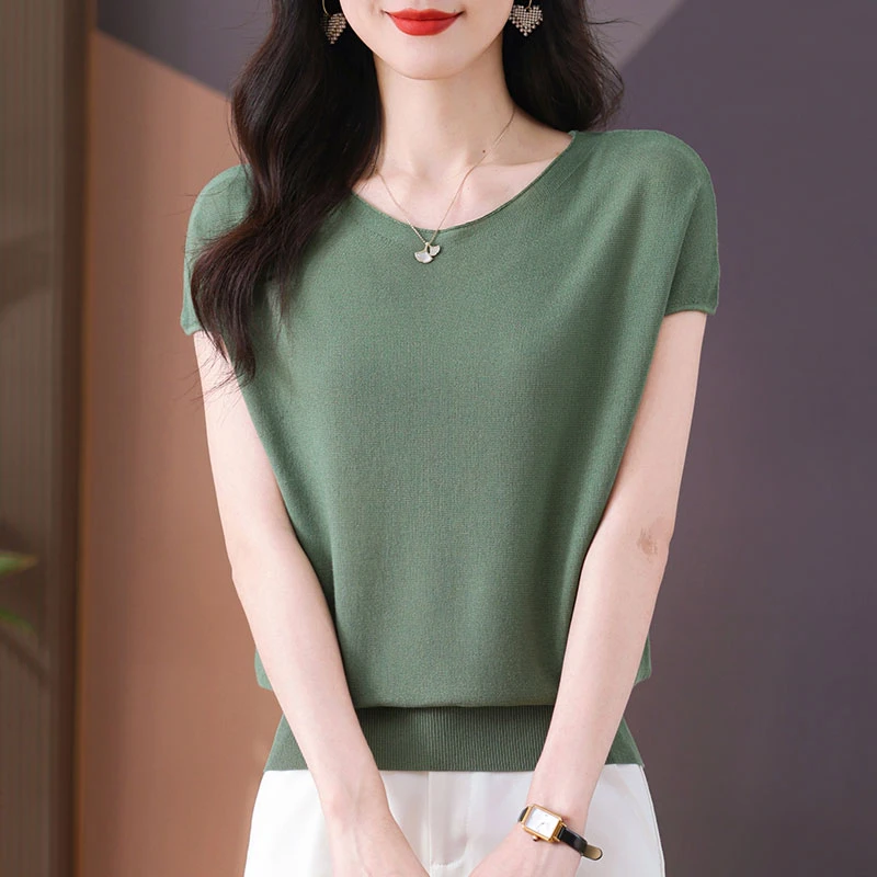 时尚减龄短袖t恤女2025新款爆款宽松显瘦夏季薄款蝙蝠袖针织上衣