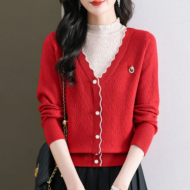 新中式红色毛衣高档女士假两件上衣洋气时尚中年妈妈装减龄打底衫