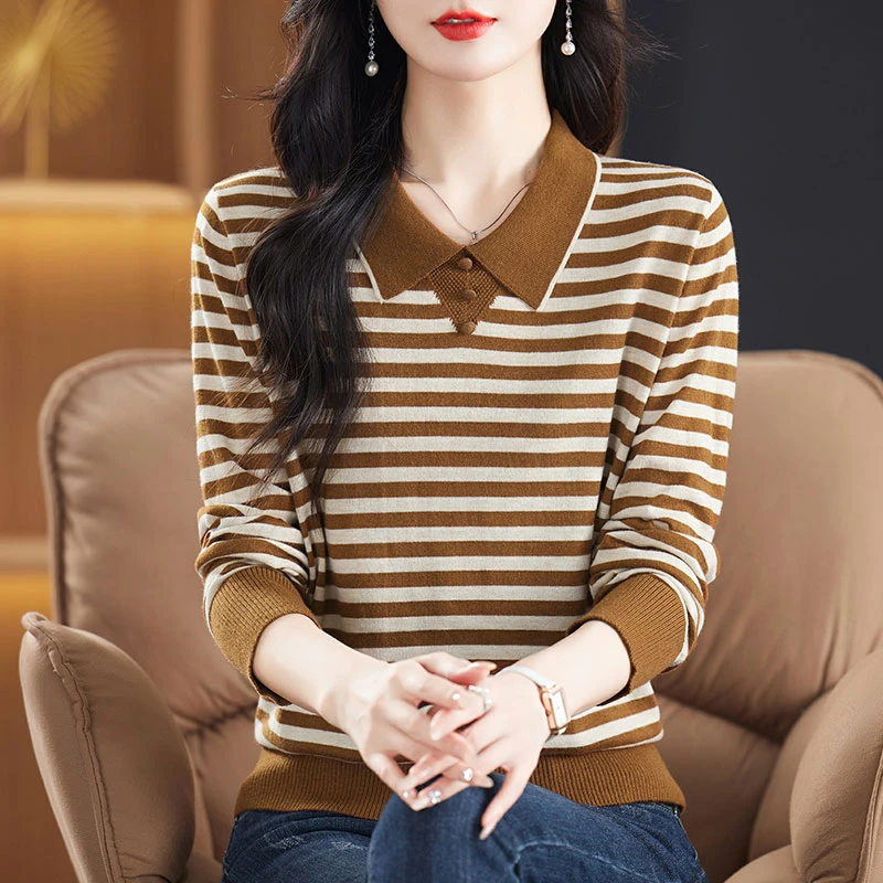 薄款毛衣女2024秋季新款时尚中年妈妈百搭减龄条纹长袖针织打底衫