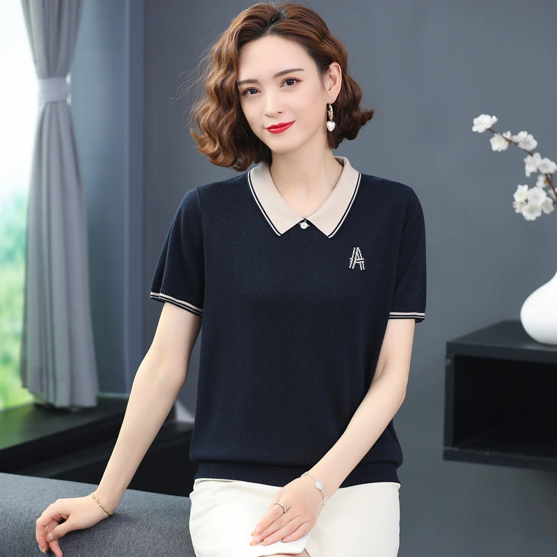 天丝短袖t恤女2023夏季薄款上衣中年时尚妈妈装大码冰丝针织衫