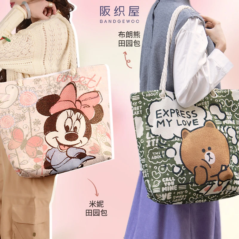 阪织屋迪士尼联名通勤田园复古包大容量百搭单肩重工刺绣包