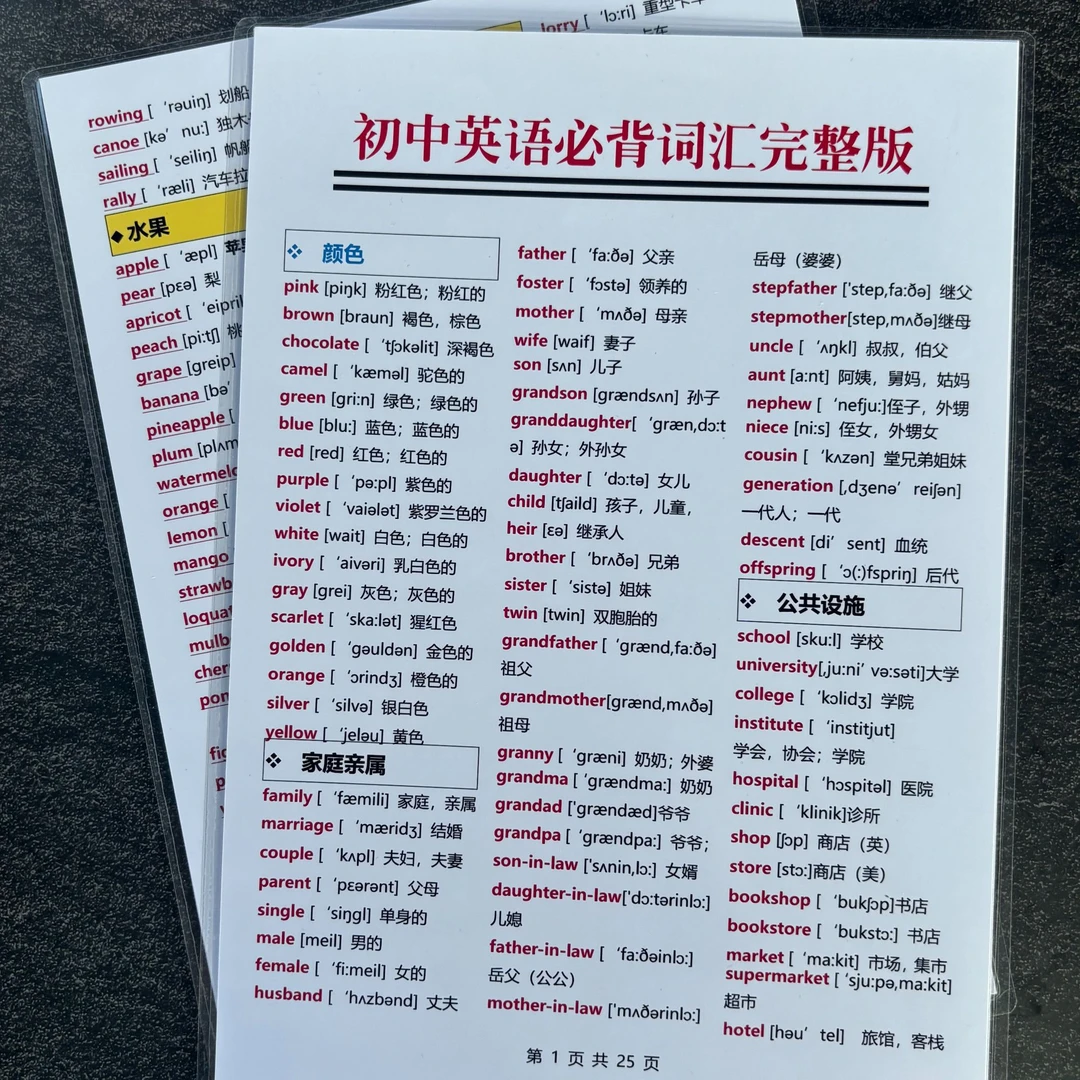 初中英语必背词汇汇总完整版单词卡带音标学习知识点速记专项训练