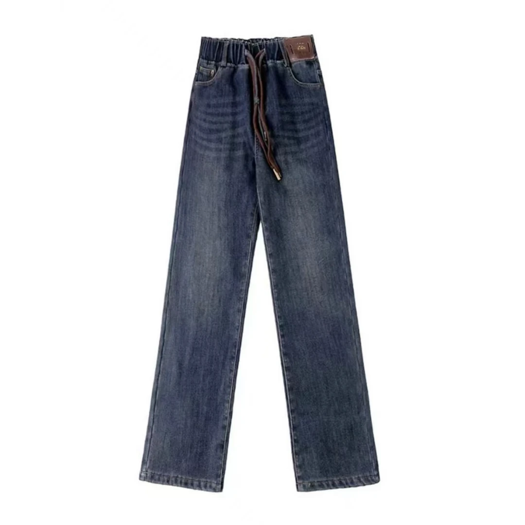 7428-花蔓屋（水泥灰）双抽绳四面弹高腰直筒牛仔裤