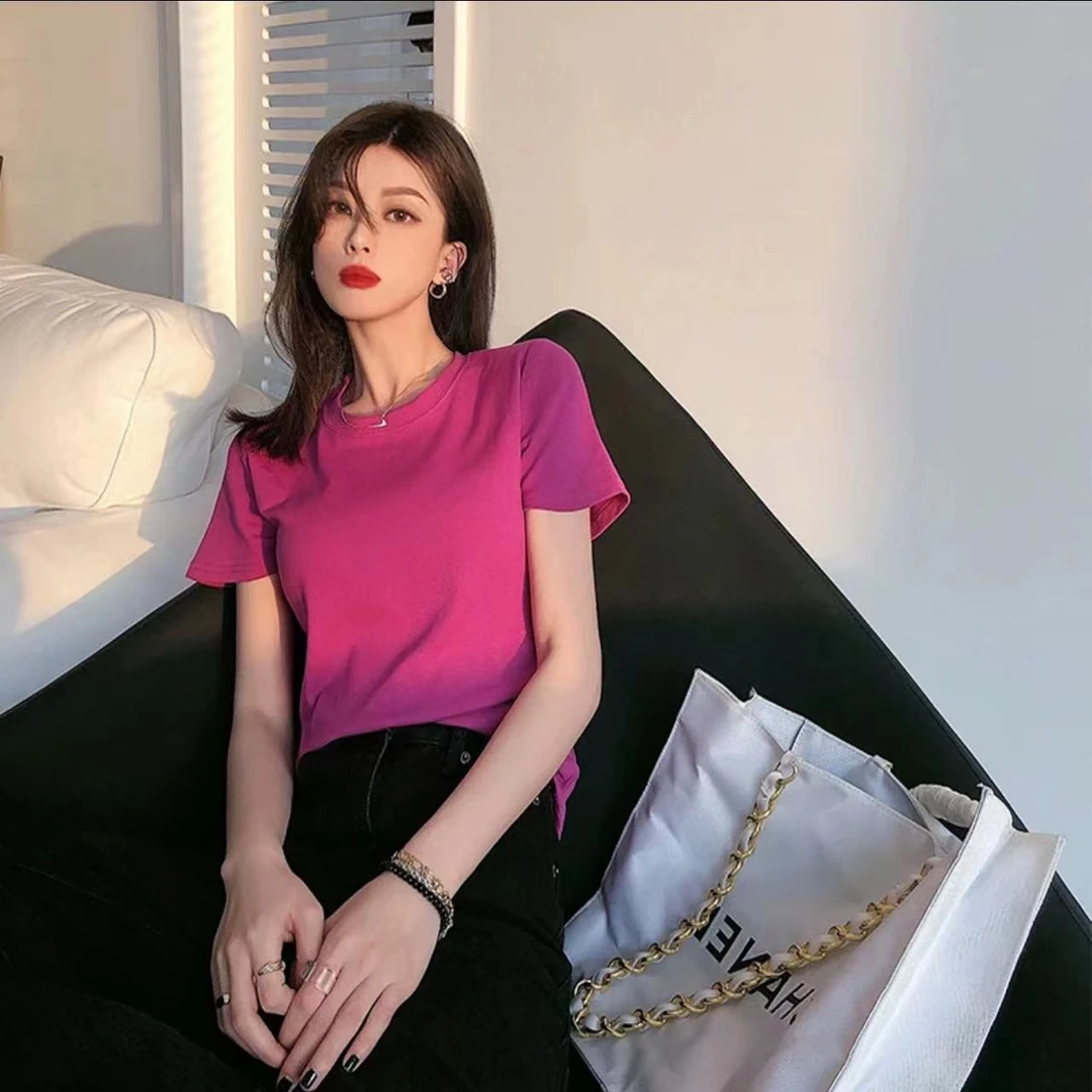 7027-糖果色（火龙果）正肩高弹修身T恤