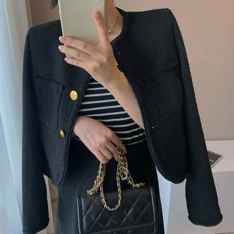 爆款小香风秋季黑色外套女春秋圆领金扣名媛开衫小个子粗花呢短款