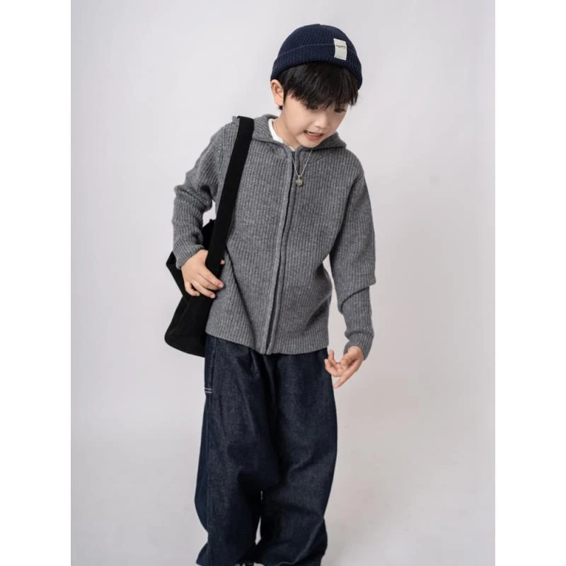 【100%羊毛】男童带帽灰拉链开衫毛衣儿童加厚羊毛衫冬款新品