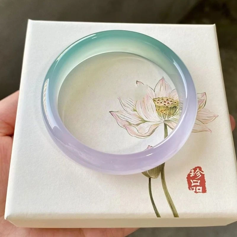 天然翡 翠色双彩正圈水润飘花半紫半蓝手镯女款玉石镯鉴赏带礼盒