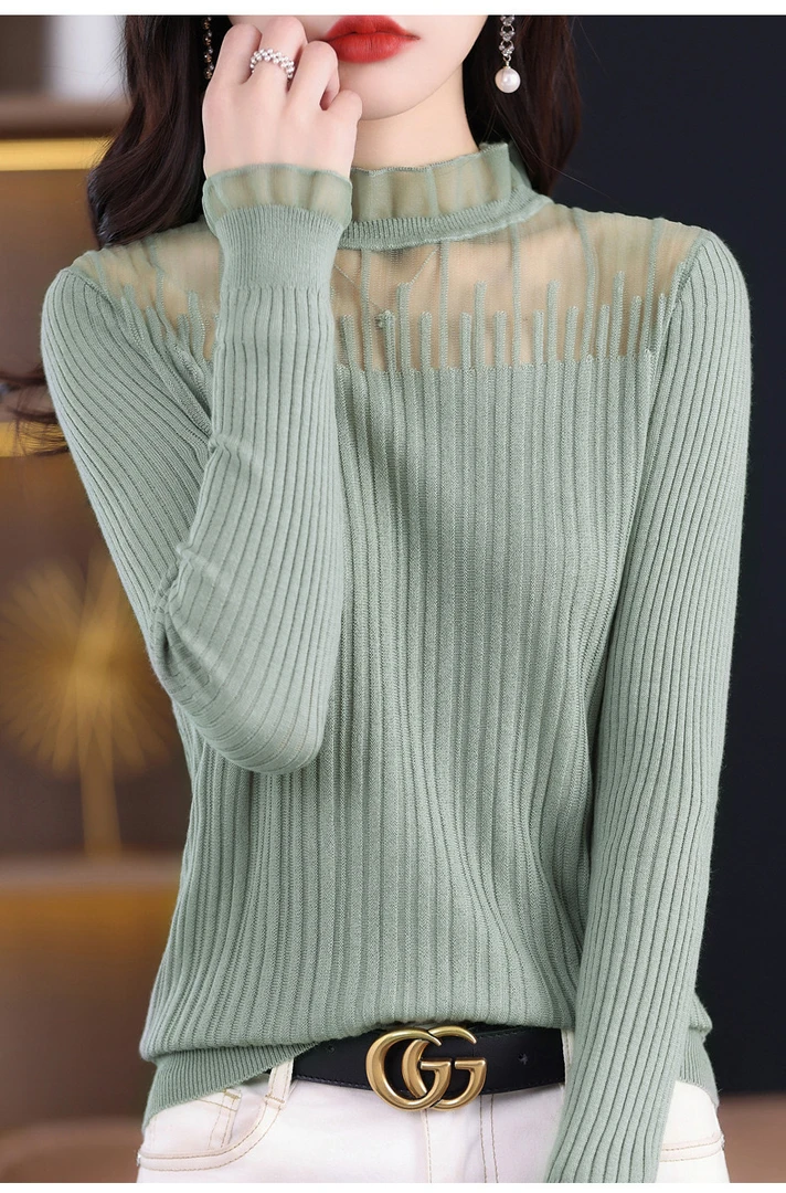 早秋新款打底衫时尚百搭款显高显瘦蕾丝拼接荷叶袖