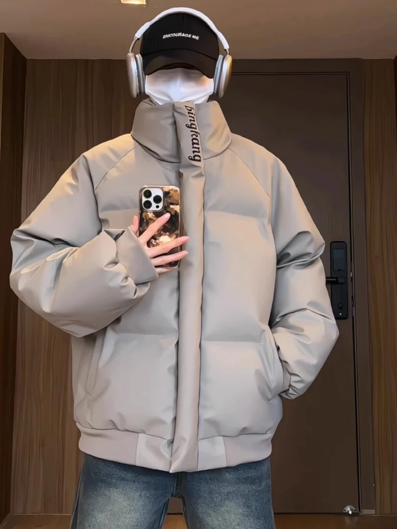 美式刺绣PU皮立领棉服男冬季加厚保暖工装棉衣外套潮牌短款面包服