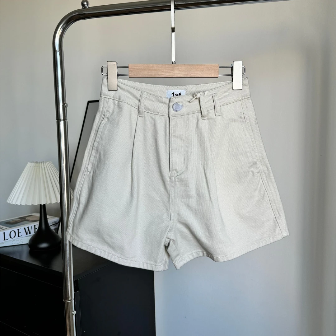 【流素】韩系简约百搭纯色显瘦高腰阔腿牛仔短裤