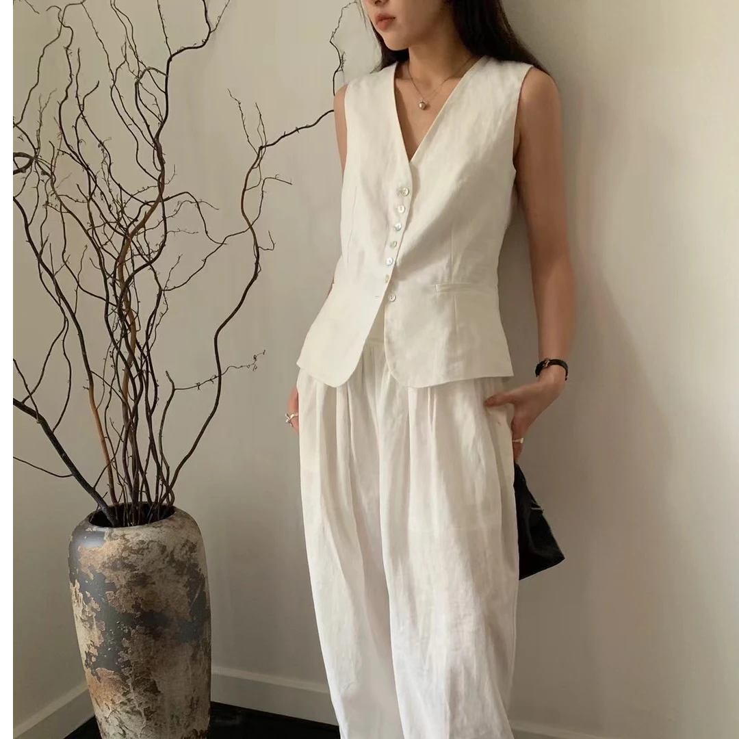 【流素】 亚麻复古气质老钱风麻料V领西装白色马甲