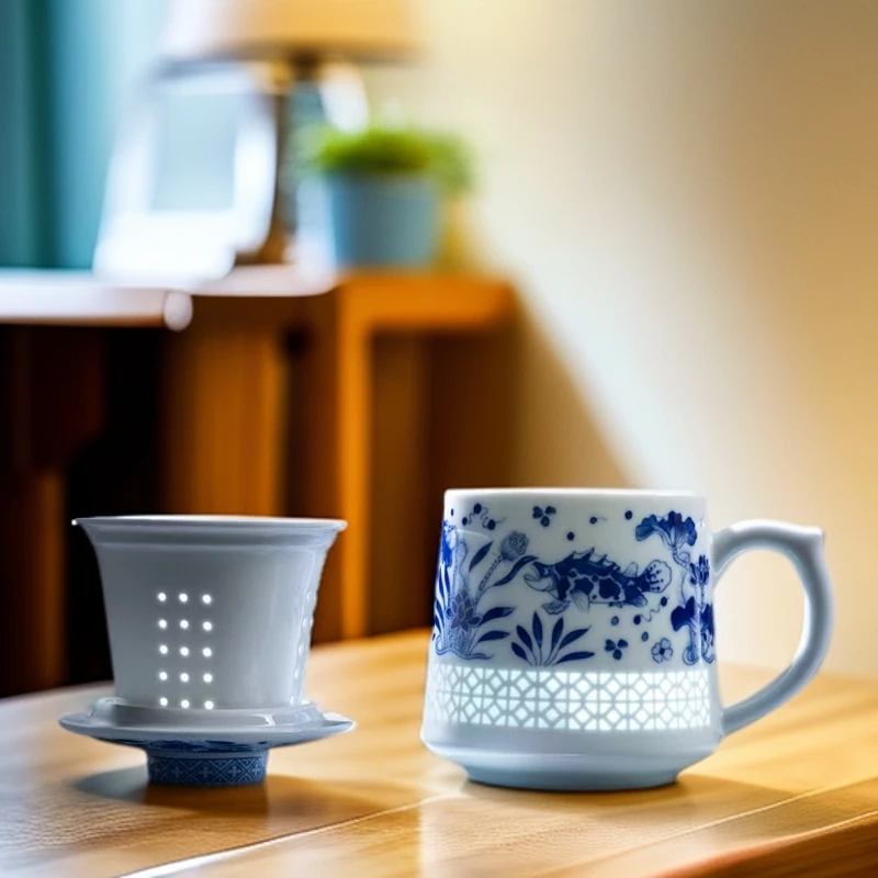 景德镇陶瓷茶杯青花玲珑镂空办公杯大容量茶水分离带盖过滤中式杯