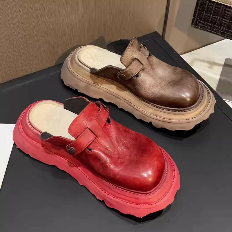 2025夏季新款博肯鞋复古水洗做旧包头拖鞋女外穿半包凉拖厚底大头