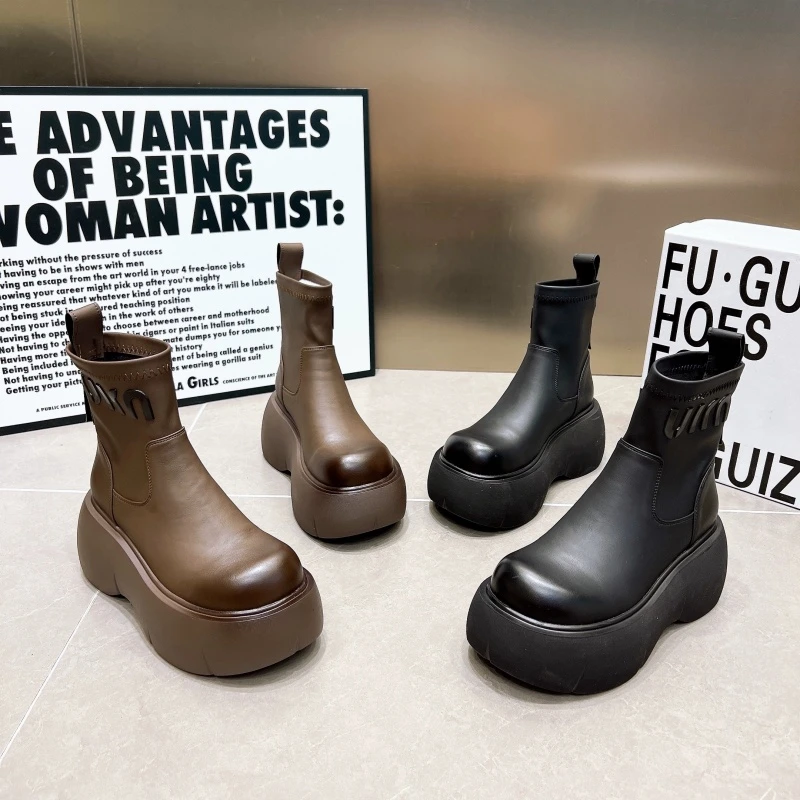 欧货小个子厚底马丁靴女鞋2024秋新款高跟弹力靴圆头增高显瘦短靴