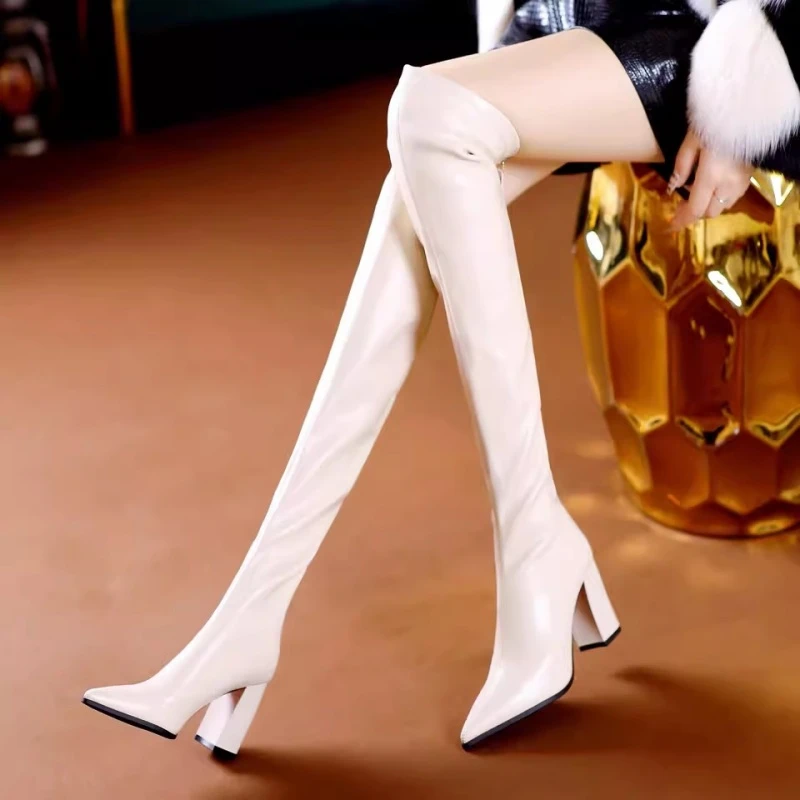 显瘦小个子过膝长靴女高筒靴2024秋冬新款高跟尖头粗跟瘦瘦长筒靴