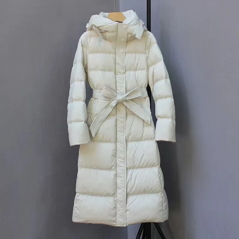 XN家2024新款长款腰带时尚加厚保暖修身过膝连帽百搭