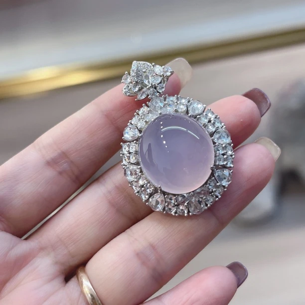 天然玉石，玉髓紫色大蛋面，s925银镶嵌