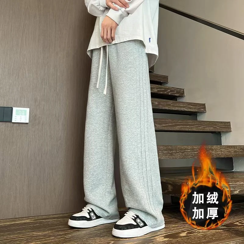 大码男裤秋冬新款直筒宽松加绒弹力休闲保暖运动休闲卫裤加肥加大
