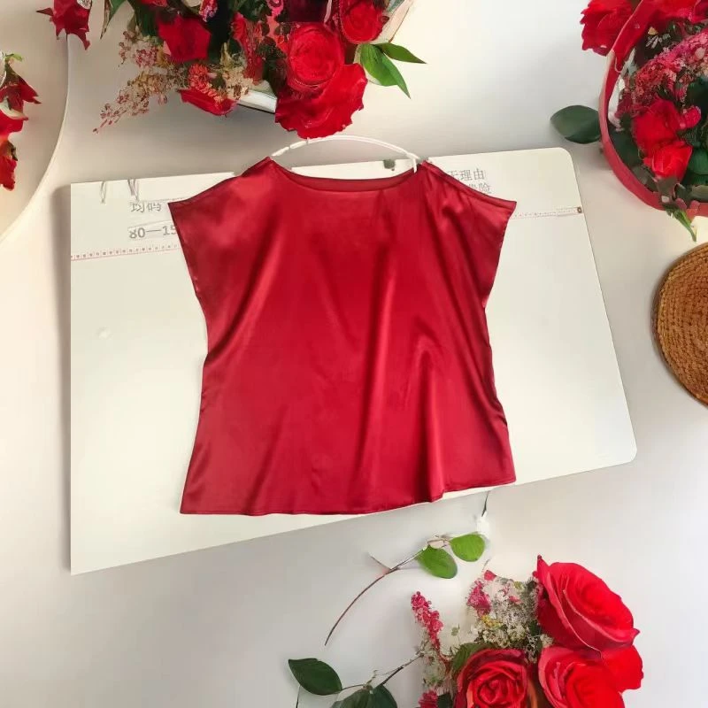 桑蚕丝女士弹力缎春夏圆领短袖上衣显瘦气质时尚夏季T桖百搭上衣