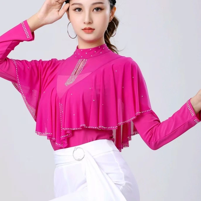 新款吉特巴摩登伦巴彩钻长袖修身显瘦舞蹈上衣