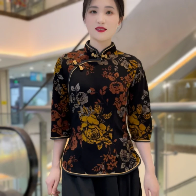 春秋复古国风旗袍上衣气质显瘦妈妈装中式唐装小衫修身打底衫女