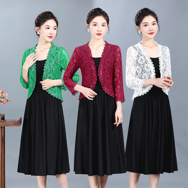 春夏季洋气百搭蕾丝旗袍披肩外搭气质显瘦外套薄款妈妈装女通勤