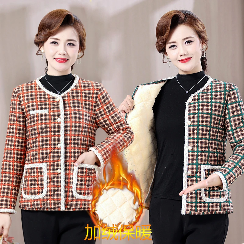 小香风外套秋冬新款加绒保暖妈妈装洋气格子棉衣短款中老年女装