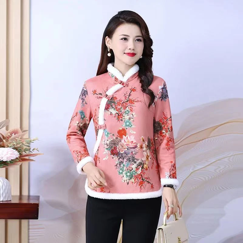 春秋冬中年妈妈装复古加绒改良旗袍中式上衣洋气毛领边中国风唐装