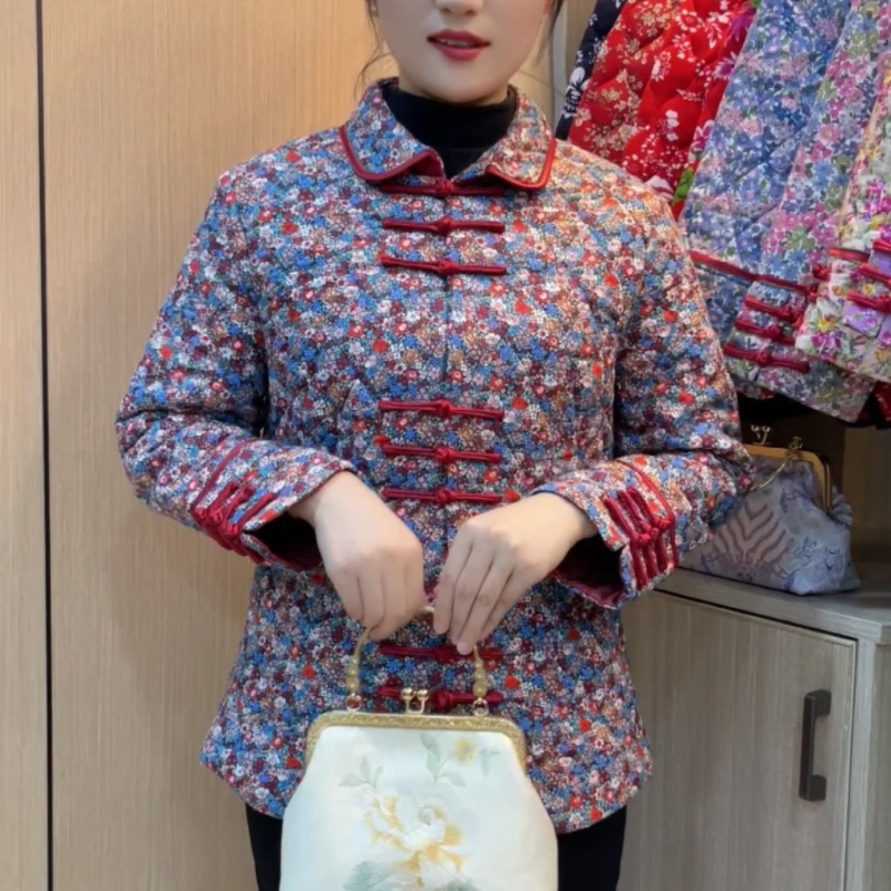 复古中国风唐装棉衣秋冬新款洋气显瘦妈妈装花棉袄夹棉保暖外套女
