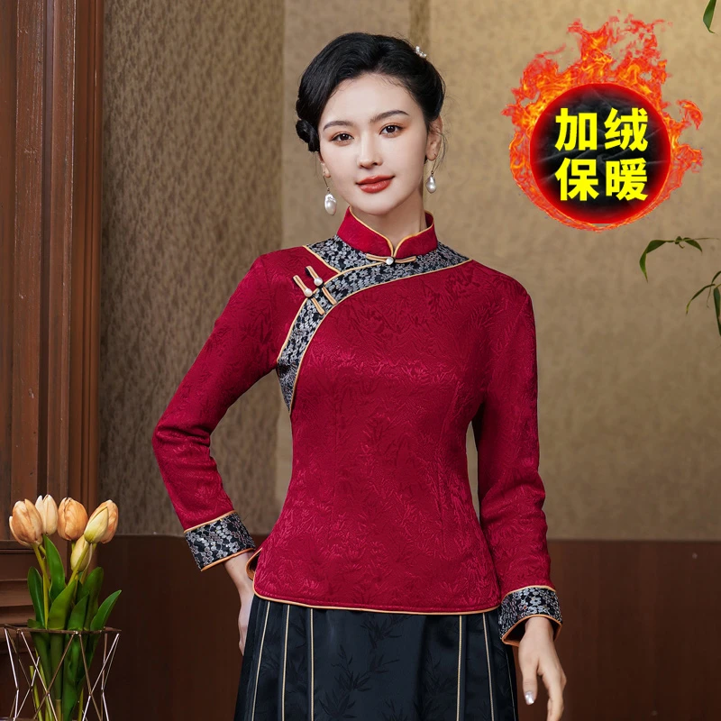 秋冬新款加绒保暖复古中国风高档旗袍上衣气质显瘦妈妈装打底衫女