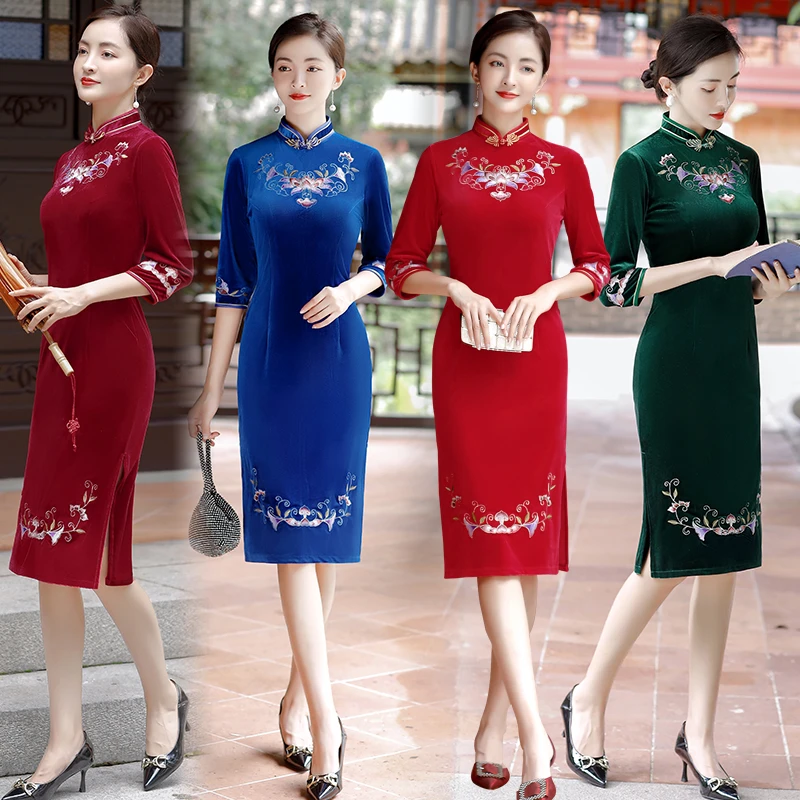 春秋新款复古国风改良旗袍中式连衣裙婚宴喜婆婆礼服妈妈装小个子