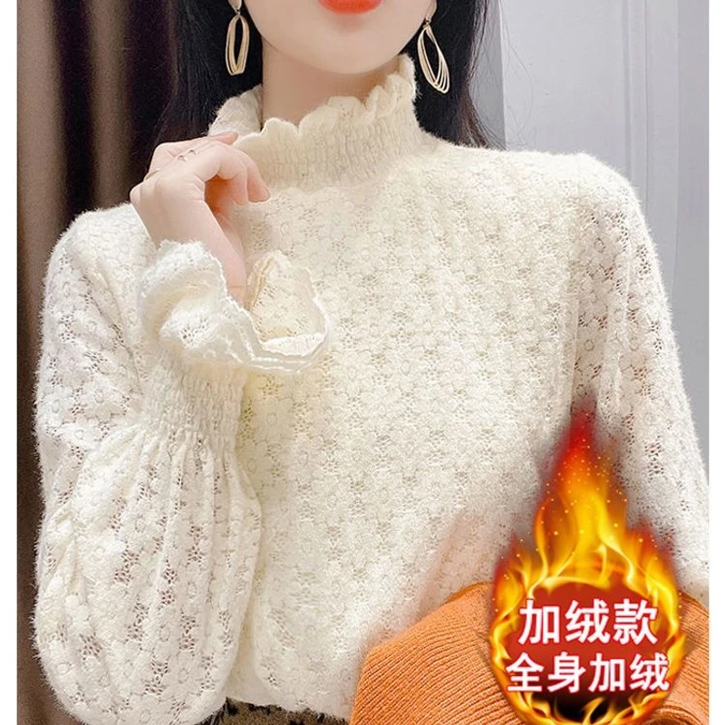 植绒加绒蕾丝打底衫女长袖秋冬半高领蕾丝衫洋气内搭小衫保暖上衣