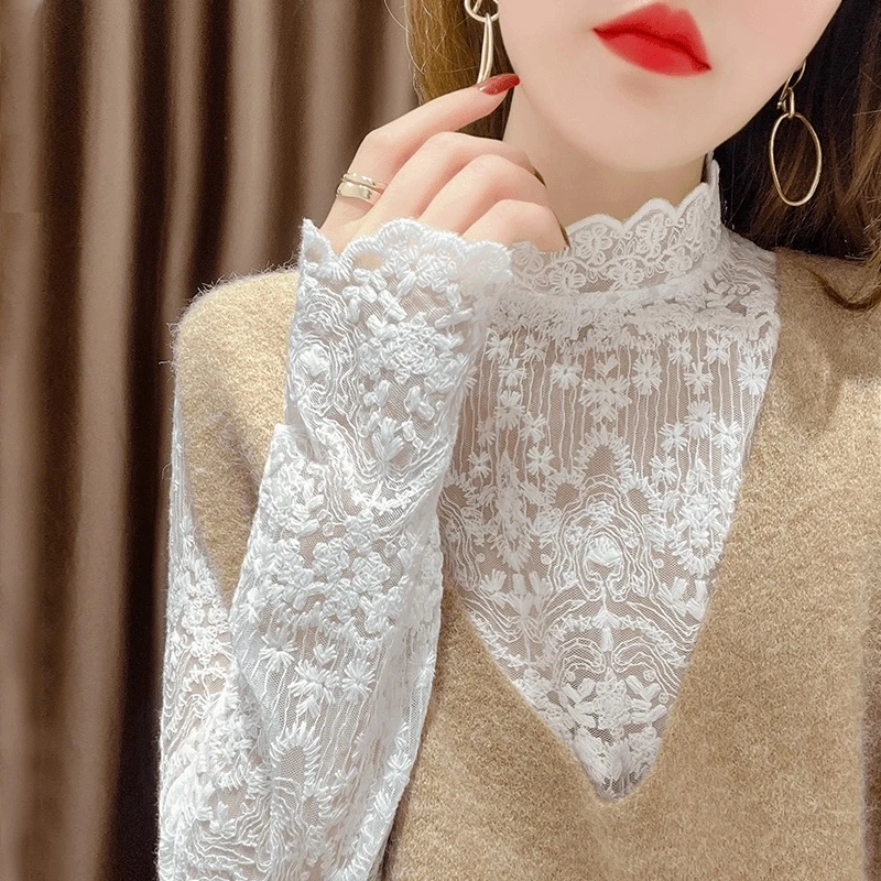 白色花边蕾丝打底衫女毛衣内搭2024新款高端镂空气质立领网纱上衣