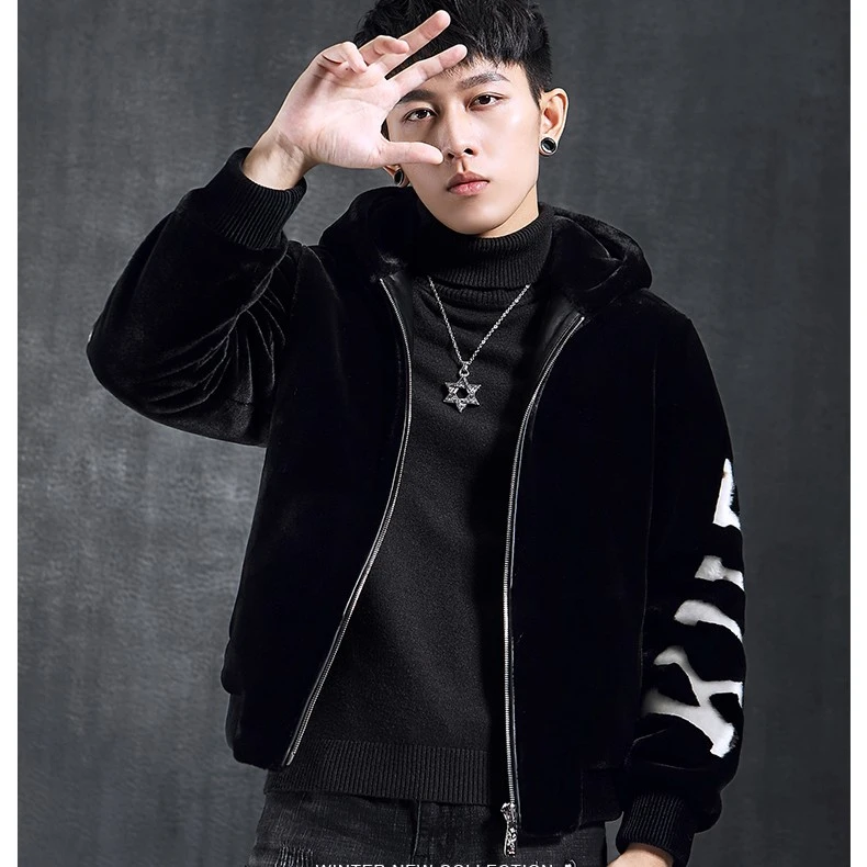 厚款冬季螺纹下摆休闲夹克潮流时尚短款加厚拼白色字母潮外套连帽