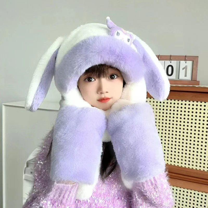 耳朵会动帽子围巾手套一体儿童帽子双层加厚可爱保暖护耳帽子围脖