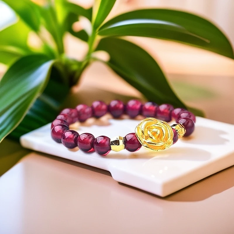 【黄金补贴】足金黄金玫瑰花石榴石配玫瑰花戒戒圈