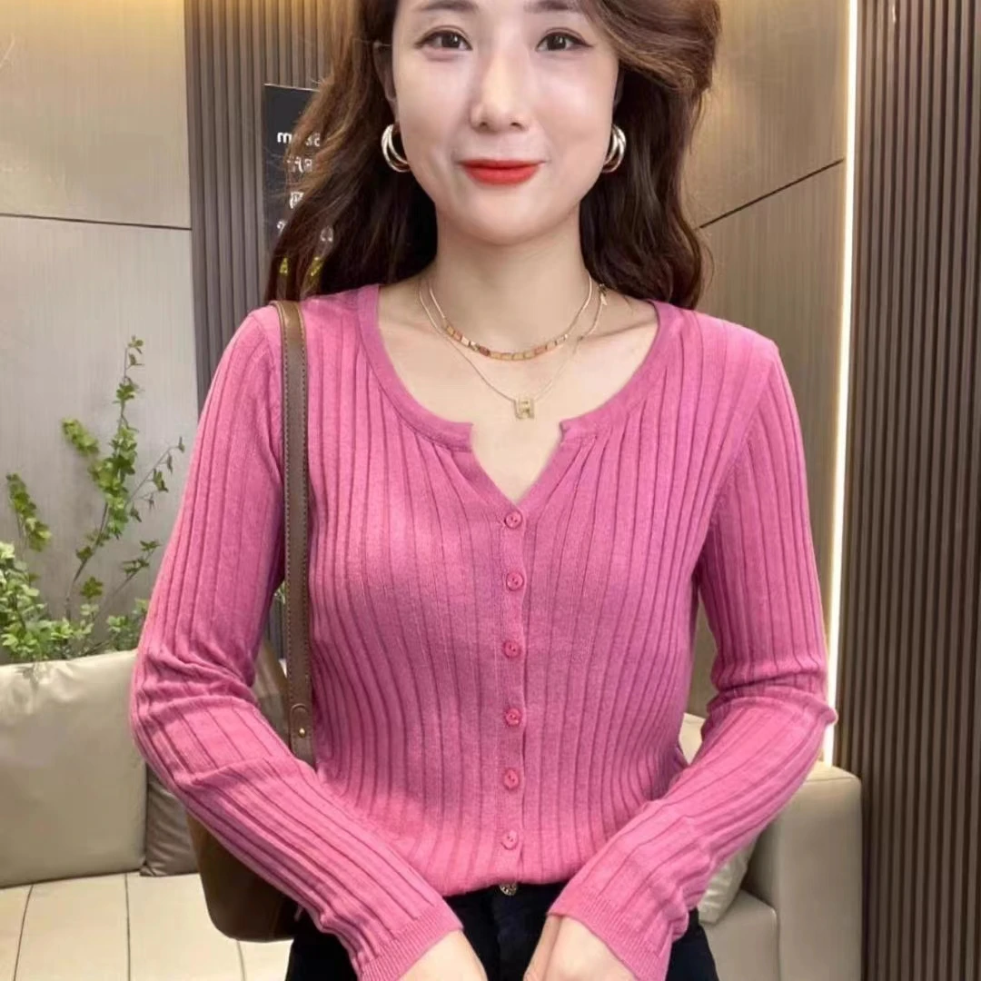 秋冬纯色羊毛开衫外套女圆领羊绒衫毛衣女针织打底衫外套