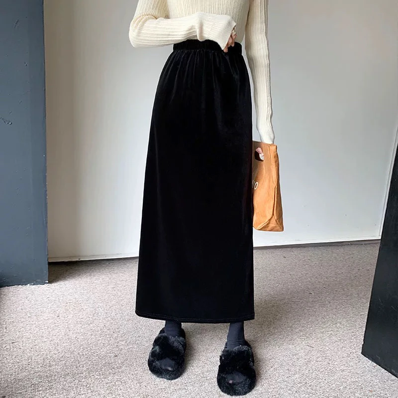 金丝绒直筒长裙松紧腰开叉半身裙女秋冬中长款A字裙新