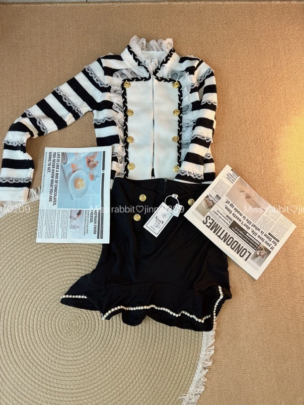 【金妮家小香风】财阀千金风重工设计感条纹针织毛衣冬季新款纯欲高