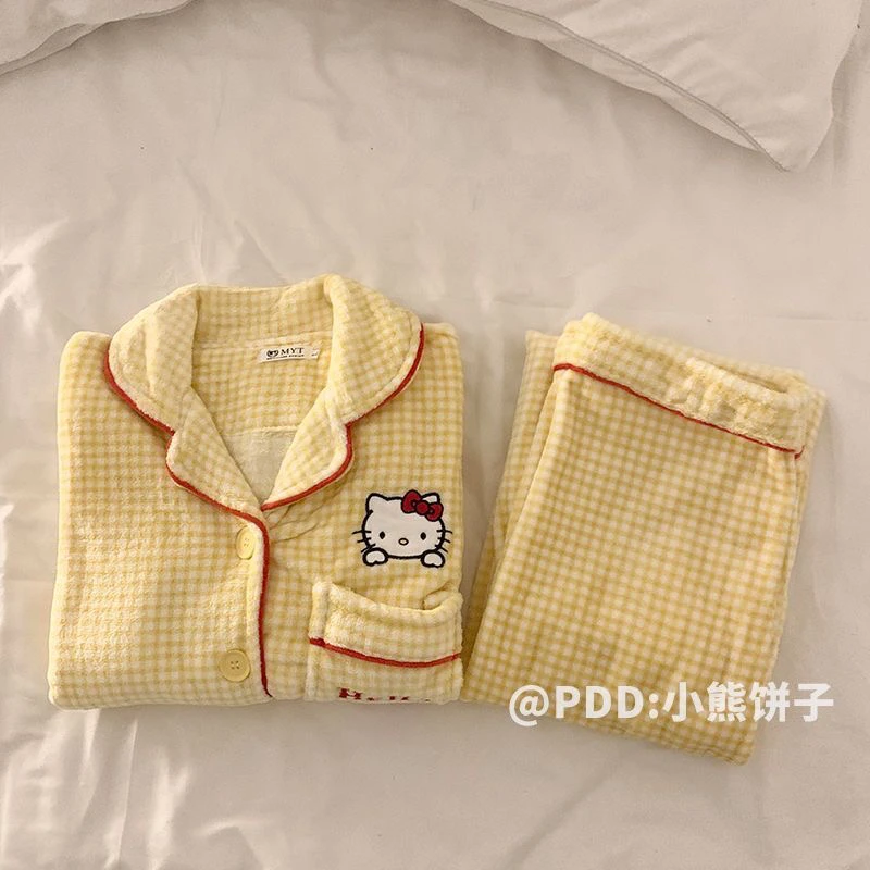 【金妮家小香风】kt珊瑚女秋冬季卡通简约格子加厚加绒可外穿家居服