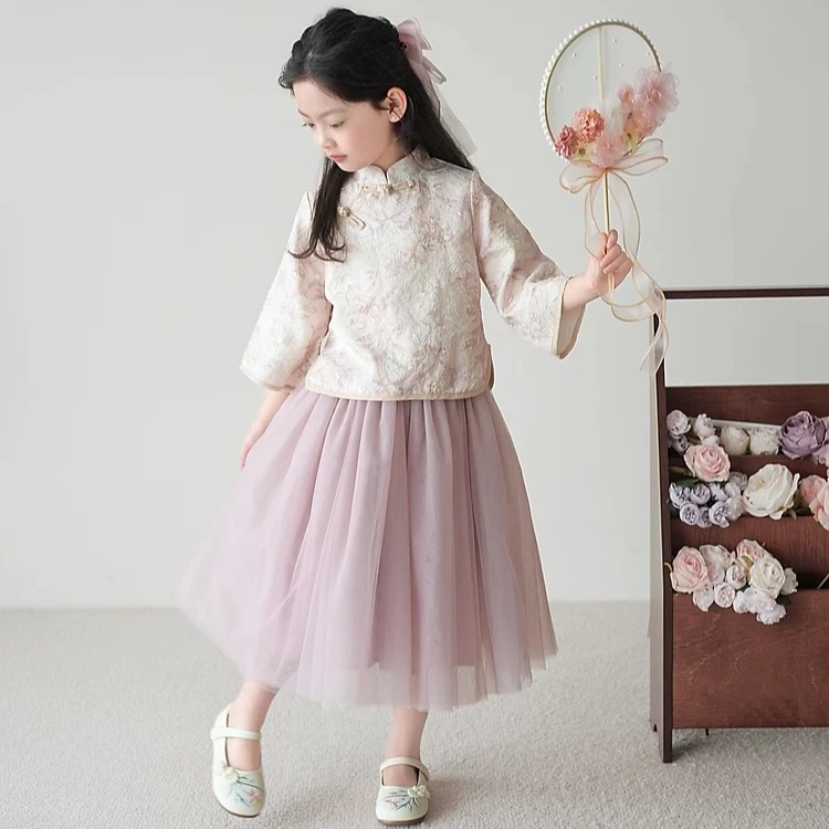 女童套装2024新款春季旗袍裙子儿童中式古风两件套公主汉服两件套