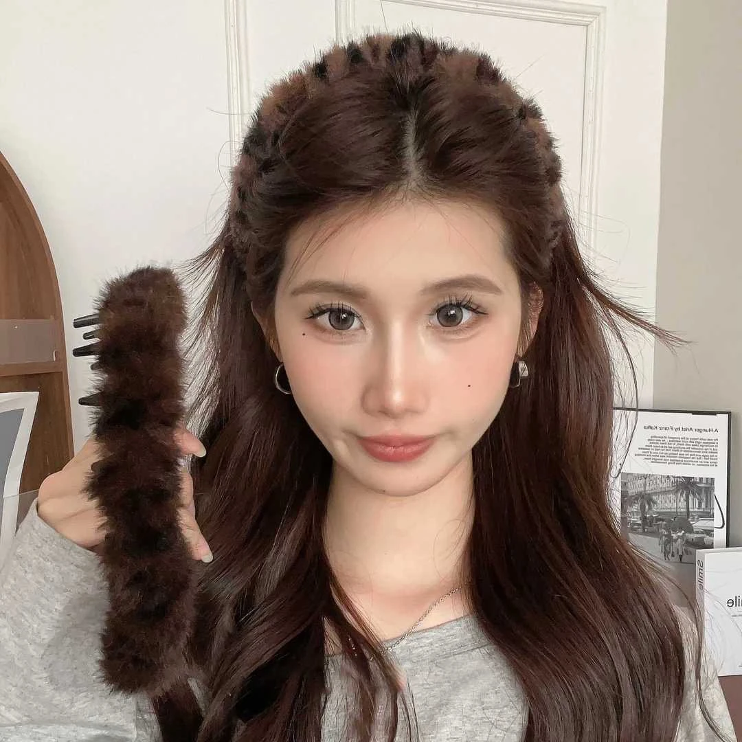 韩系复古豹纹带齿毛绒发箍女防滑洗脸发卡秋冬化妆发饰头箍