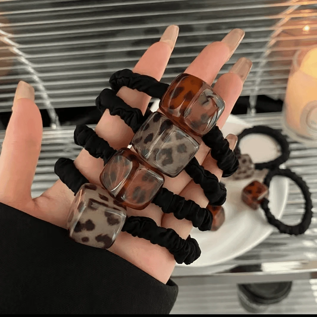 韩国冰透方糖亚克力豹纹复古发绳气质简约高弹力面膜发圈马尾发饰