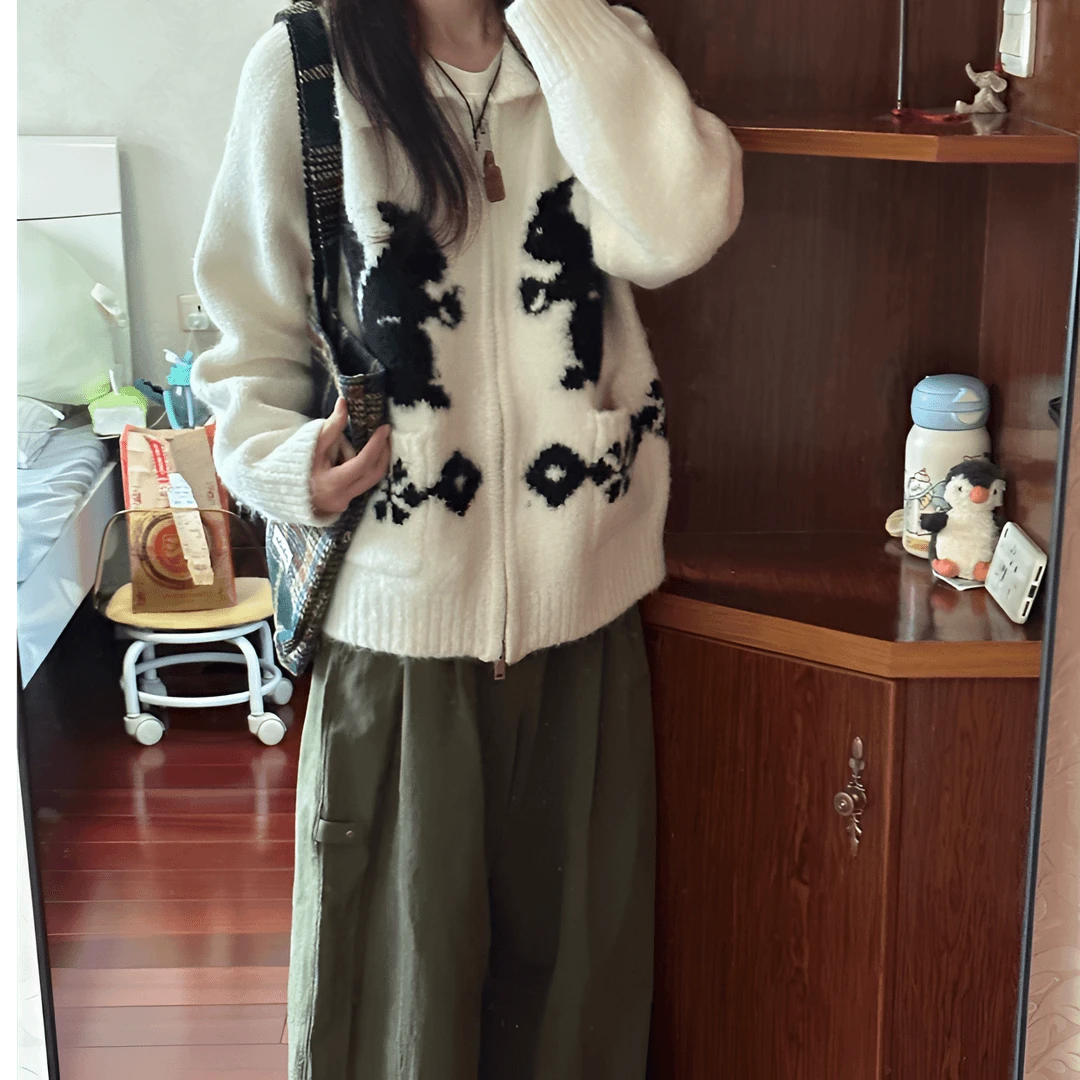 日系松鼠软糯拉链翻领长袖针织衫开衫慵懒风秋冬毛衣外套加厚上衣