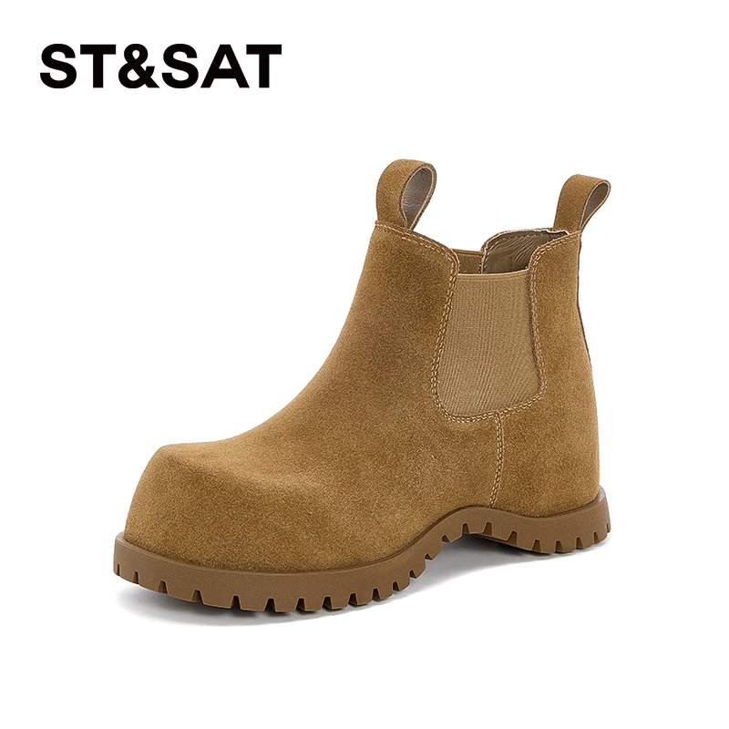 星期六时尚短靴女2024冬新款圆头厚底简约百搭松糕底户外切尔西靴