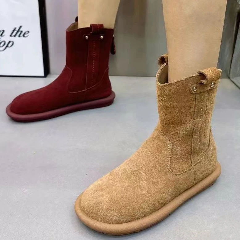 真皮时尚短靴百搭中筒短筒冬季平底休闲牛皮马丁靴加绒皮毛一体
