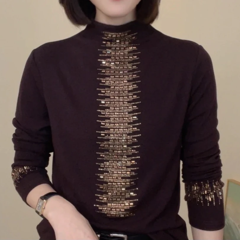 2024秋季新款半高领纯色百搭烫钻长袖休闲T恤气质女士宽松小衫